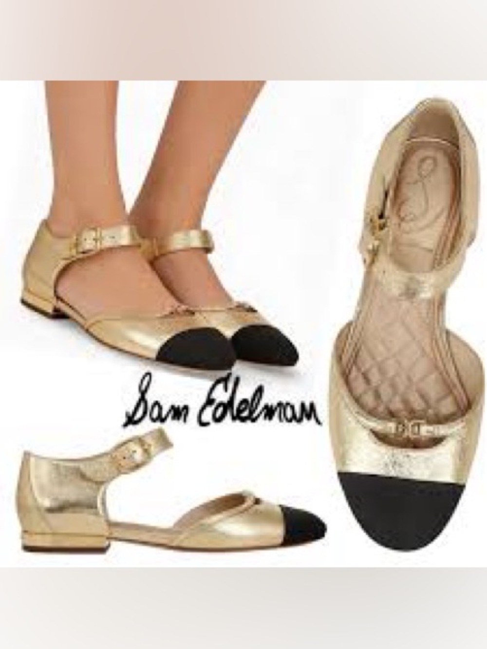Sam Edelman Rylie Cap Toe Mary Jane Flats Metallic Gold with Black - Picture 5 of 15